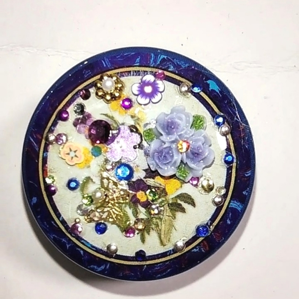 Blue Floral Embellished Pill Case Container Round Tin